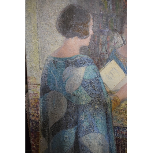 18 - Rudolf Helmut Sauter (1895-1977), a portrait of a lady reading a book facing a mirror, oil on canvas... 