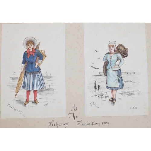 167 - A 19th century album of 63 watercolour theatre costumes, signed FAB or GHB