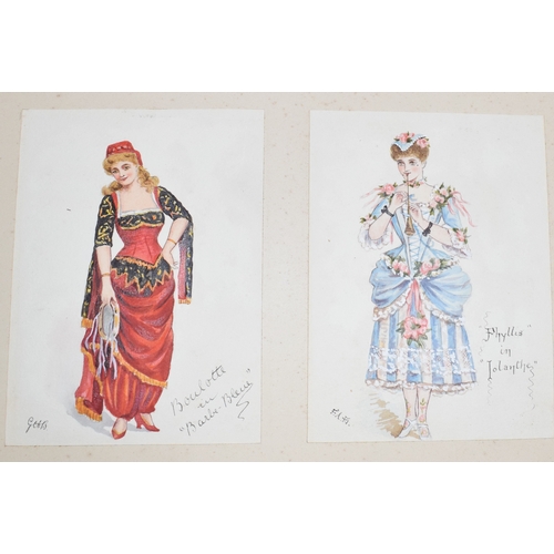 167 - A 19th century album of 63 watercolour theatre costumes, signed FAB or GHB