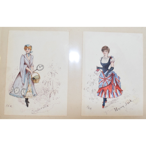 167 - A 19th century album of 63 watercolour theatre costumes, signed FAB or GHB