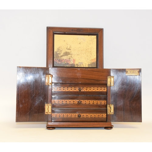 652 - A Victorian Tunbridge ware table top rosewood cabinet, with geometric parquetry decoration, the lift... 