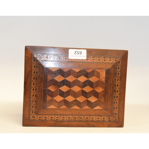 652 - A Victorian Tunbridge ware table top rosewood cabinet, with geometric parquetry decoration, the lift... 