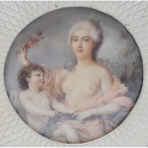 182 - A miniature, Cupid and Psyche, watercolour on ivory, 6 cm diameter, set in a Bernard Rice's & Sons i... 