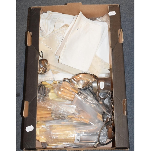 21 - A large group of silver plated cutlery, assorted knives and assorted textiles (box)