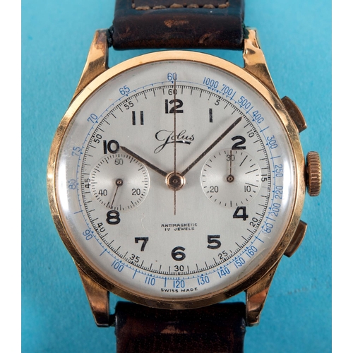 283 - A gentleman's 18ct gold Jollis chronograph wristwatch, with Arabic numerals and two subsidiary dials... 