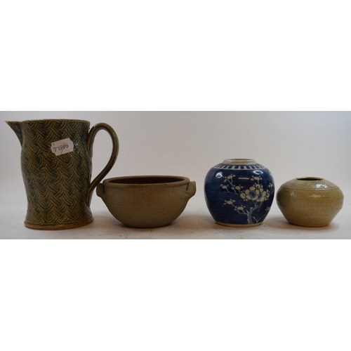 558 - A studio pottery jug, impressed mark A & J Young Gresham, 15 cm high, other studio pottery and ceram... 