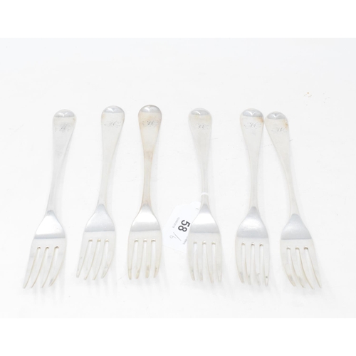 58 - A set of six early 19th century silver Old English pattern table forks, initialled, London 1805, app... 