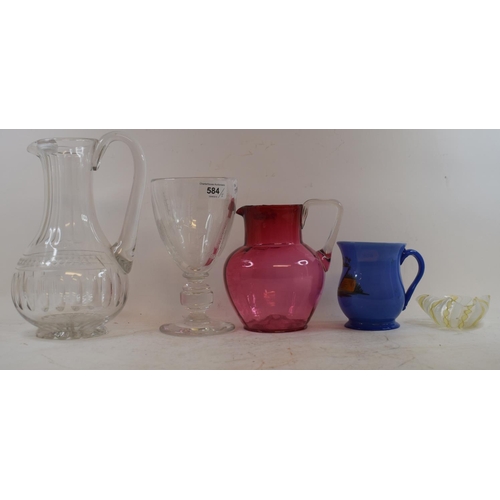 584 - A cut glass water jug, 24.5 cm high, a blue glass mug and other glass (5)