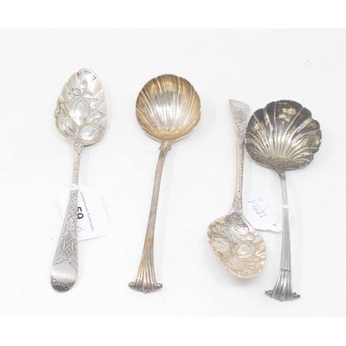 59 - A pair of mid-18th century silver berry spoons, marks indistinct, and two mid-18th century ladles, m... 