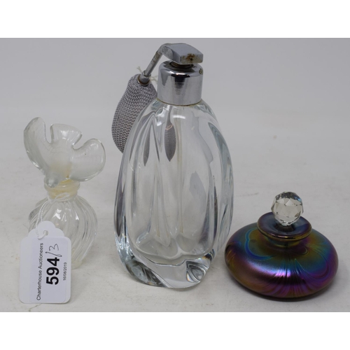 594 - A Lalique frosted and clear glass scent bottle, the stopper in the form of a dove, 10 cm high, and t... 