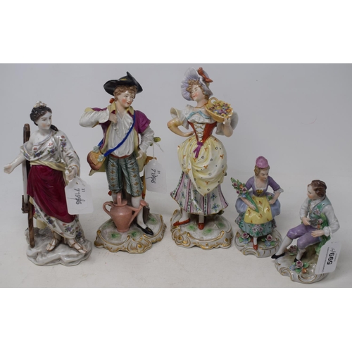 599 - A pair of Continental porcelain figures, of gardeners, damages, 23 cm high, another pair, and a sing... 