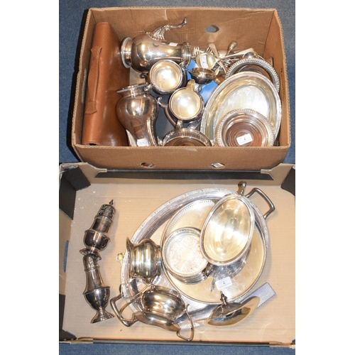 7 - A silver plated meat cover, 34 cm wide, a silver plated four piece tea service, and other plated ite... 