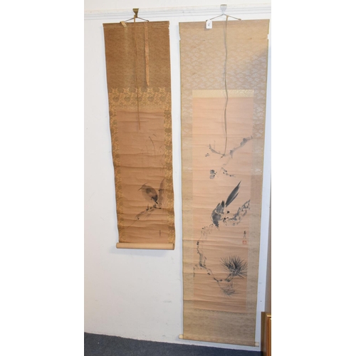 149 - A Japanese scroll, decorated a crow, watercolour, 33 x 133 cm, and another, boxed (2)