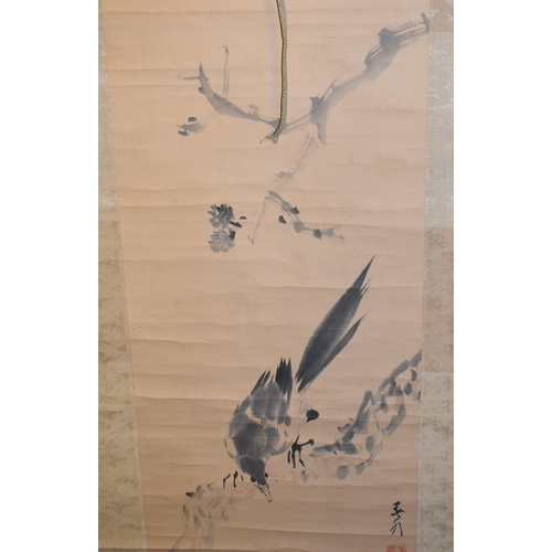 149 - A Japanese scroll, decorated a crow, watercolour, 33 x 133 cm, and another, boxed (2)