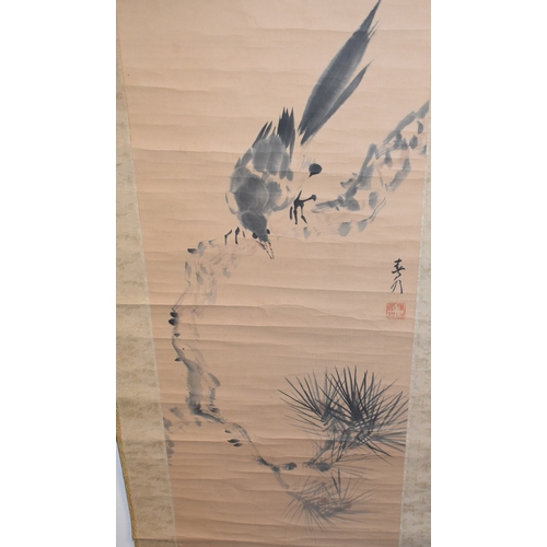 149 - A Japanese scroll, decorated a crow, watercolour, 33 x 133 cm, and another, boxed (2)