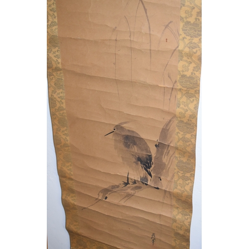 149 - A Japanese scroll, decorated a crow, watercolour, 33 x 133 cm, and another, boxed (2)