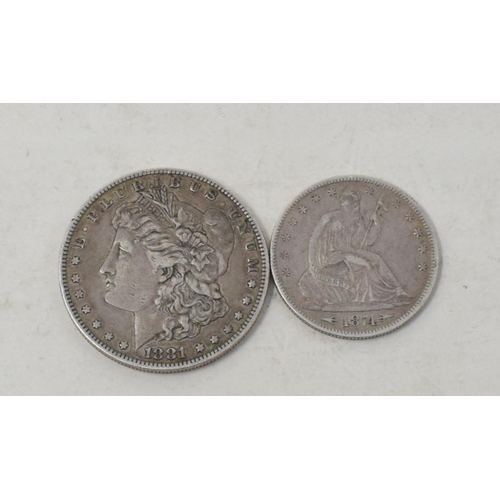 137 - A USA seated Liberty half dollar, 1874, and a dollar, 1881 (2)