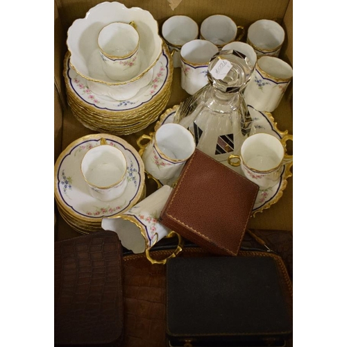 335 - An Aynsley coffee set, the cans with silver holders, some damage, boxed, two sets of silver coffee s... 