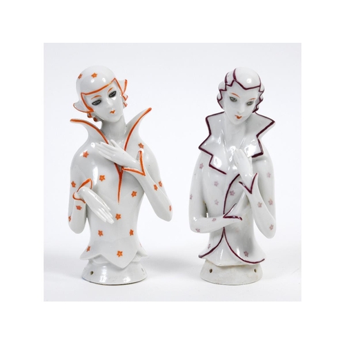 367 - An Art Deco porcelain half doll, all white lady outlined in orange, decorated stars, 13 cm high, and... 