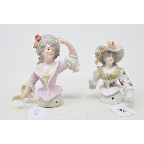 399 - A porcelain half doll, probably Galluba & Hoffman, lady with grey hair and a pink dress with white f... 