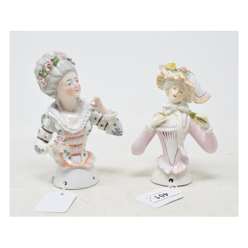 401 - A porcelain half doll, probably Galluba & Hoffman, lady with grey hair and a pink rose circulate, we... 