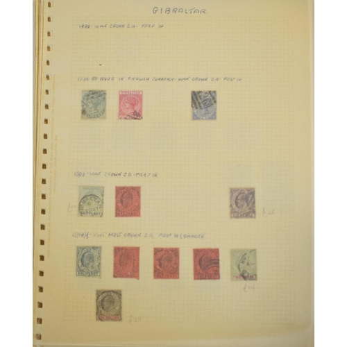 45 - A group of Gibraltar stamps, on album leaves, with better values including 1886 1/- used (Cat. £200)... 