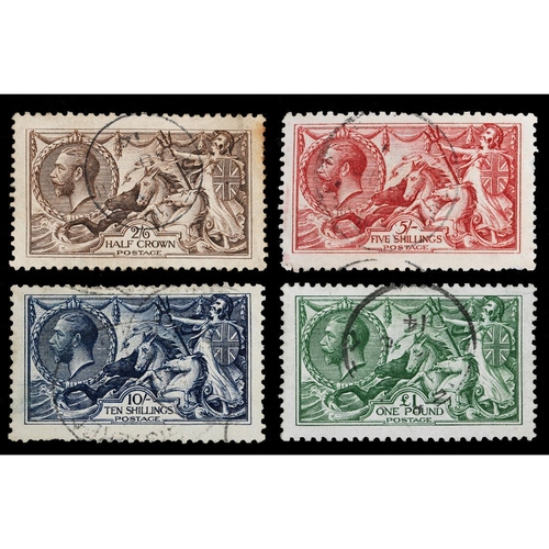 5 - George V seahorse stamps, 1913: half crown, five shillings, ten shillings and one pound, S.G.399, 40... 