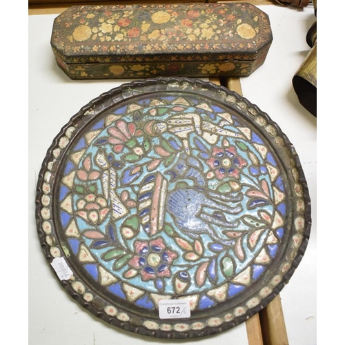 672 - A Syrian copper tray, with enamel decoration, 38 cm diameter, and a Kashmiri papier mache box (2)