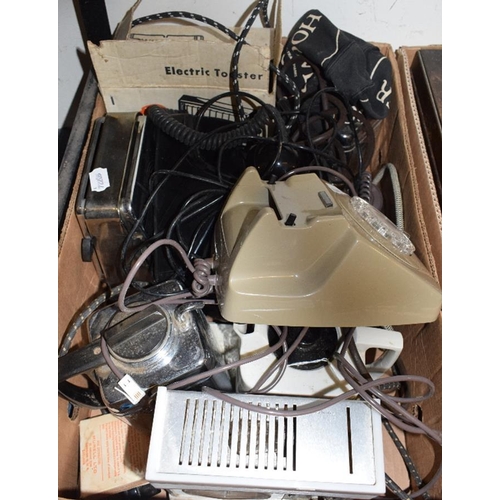 681 - Two vintage telephones, a 1930's/40's toaster, and other similar items (box)