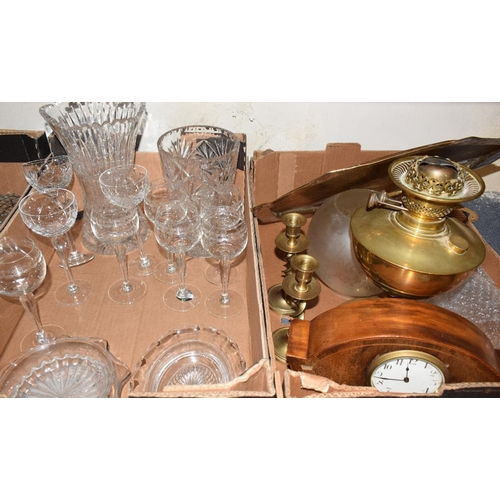 696 - A part suite of Brierley cut drinking glasses, other glassware, an Edwardian mantel clock, an oil la... 