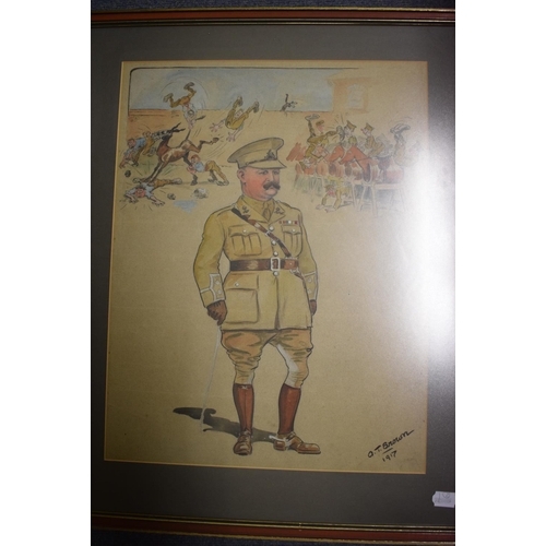 398 - A T Brown, Lieutenant A Edmondson with his men learning to ride horses on barrels, watercolour heigh... 