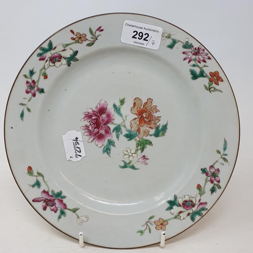 292 - A set of four Chinese porcelain famille rose plates, of shaped circular form, decorated flowers and ... 