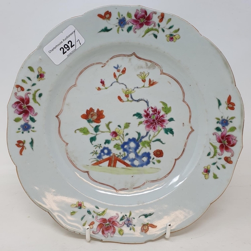 292 - A set of four Chinese porcelain famille rose plates, of shaped circular form, decorated flowers and ... 