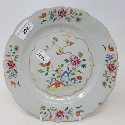 292 - A set of four Chinese porcelain famille rose plates, of shaped circular form, decorated flowers and ... 