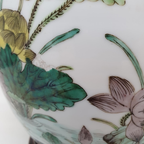 300 - A pair of Chinese famille verte ginger jars and covers, decorated birds, flowers and foliage, 21.5 c... 