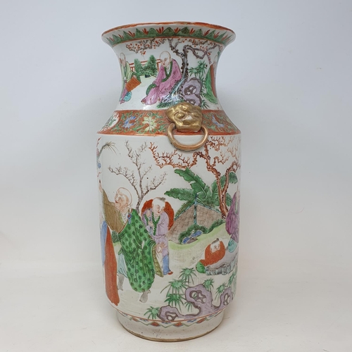301 - A Chinese famille rose vase, of slightly tapering form, decorated sage, other figures, a deer, a Dog... 