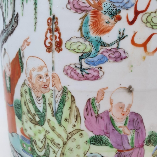 301 - A Chinese famille rose vase, of slightly tapering form, decorated sage, other figures, a deer, a Dog... 