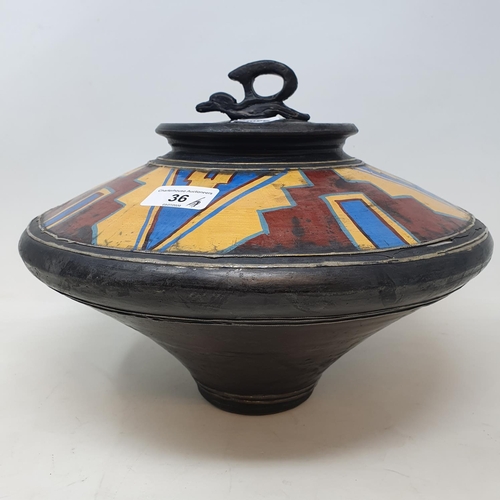 36 - A John Bedding (British, b.1947) large raku jar decorated with a continuous geometric band, impresse... 