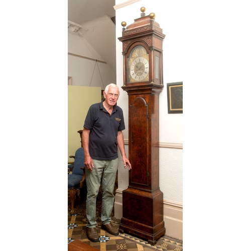 12 - A longcase clock, the 30 cm arched square brass dial signed Wm  Threlkeld, London to a silvered arch... 