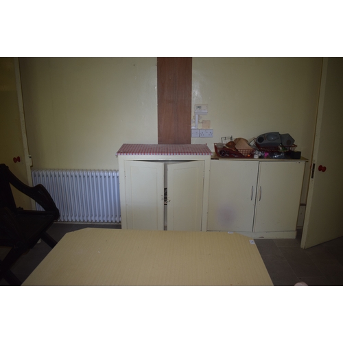 29 - A late Victorian painted pine kitchen table, corners cut, later formica top, 152 cm wide, a painted ... 