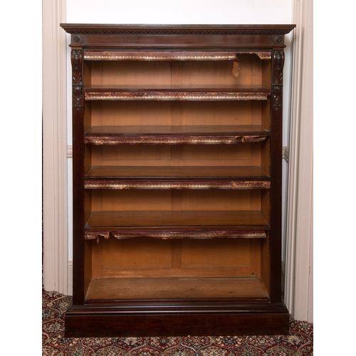 128 - A Victorian mahogany open bookcase, with leaf carved and mounted corbels, on a plinth base, 115 cm w... 