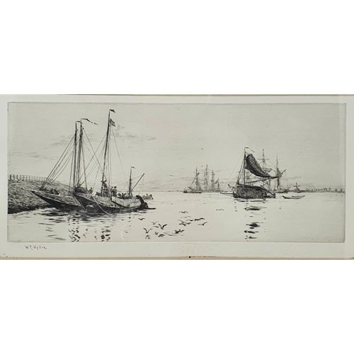 190 - William Lionel Wyllie RA (1851-1931), river scene with boats, etching, signed in pencil, 15 x 32 cm,... 