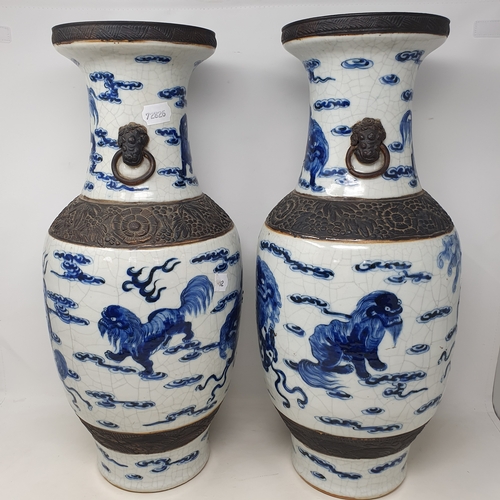 178 - A large pair of Chinese crackle glazes vases, of baluster form, decorated with horizontal bands of D... 