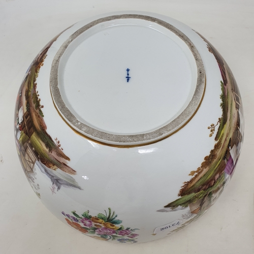 179 - A Berlin porcelain punch bowl and cover, with a putto finial, decorated extensive scenes of figures ... 