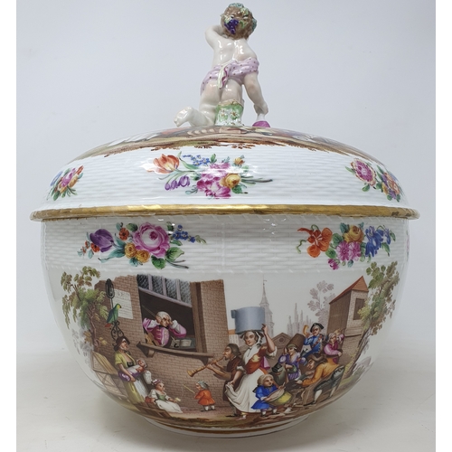 179 - A Berlin porcelain punch bowl and cover, with a putto finial, decorated extensive scenes of figures ... 