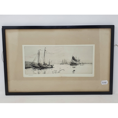 190 - William Lionel Wyllie RA (1851-1931), river scene with boats, etching, signed in pencil, 15 x 32 cm,... 