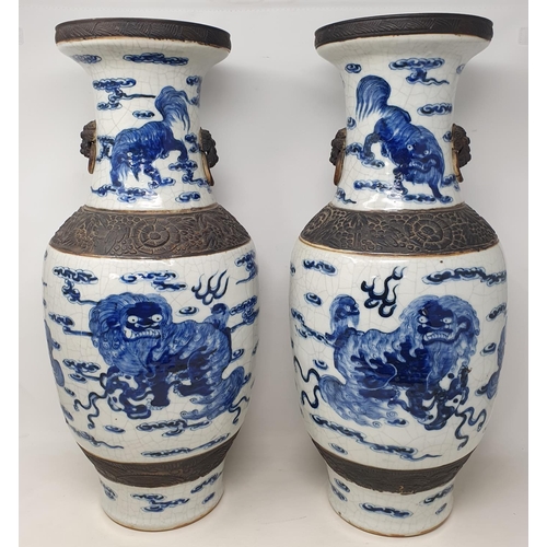 178 - A large pair of Chinese crackle glazes vases, of baluster form, decorated with horizontal bands of D... 