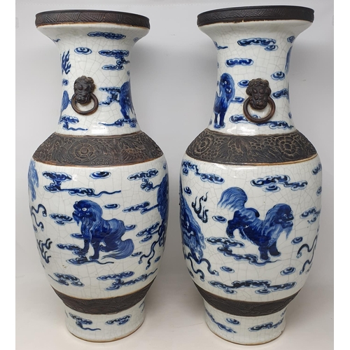 178 - A large pair of Chinese crackle glazes vases, of baluster form, decorated with horizontal bands of D... 