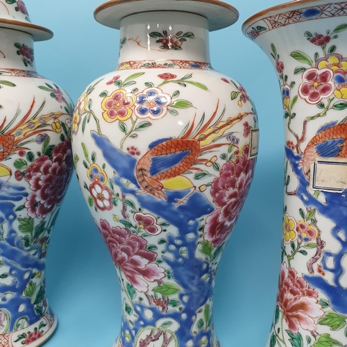 185 - A Chinese famille rose garniture of four vases, decorated flowering shrubs and exotic birds, compris... 