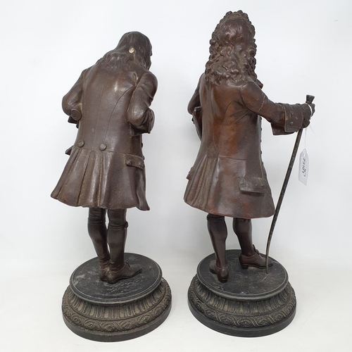 199 - A pair of spelter figures, a courtier, 40 cm high, and his companion, a bowing man, 39 cm high (2), ... 